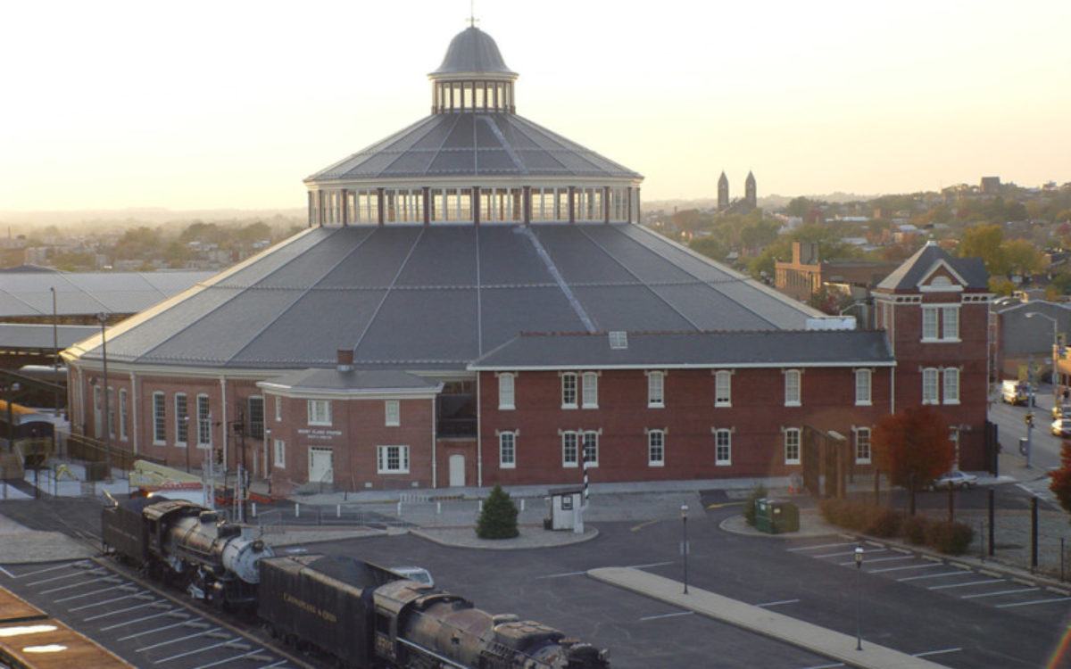 Exterior view of the B&O Railroad Museum at sunset.