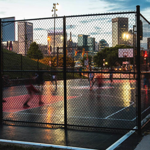 Basket ball courts at sunset at The American Visionary Art Museum.