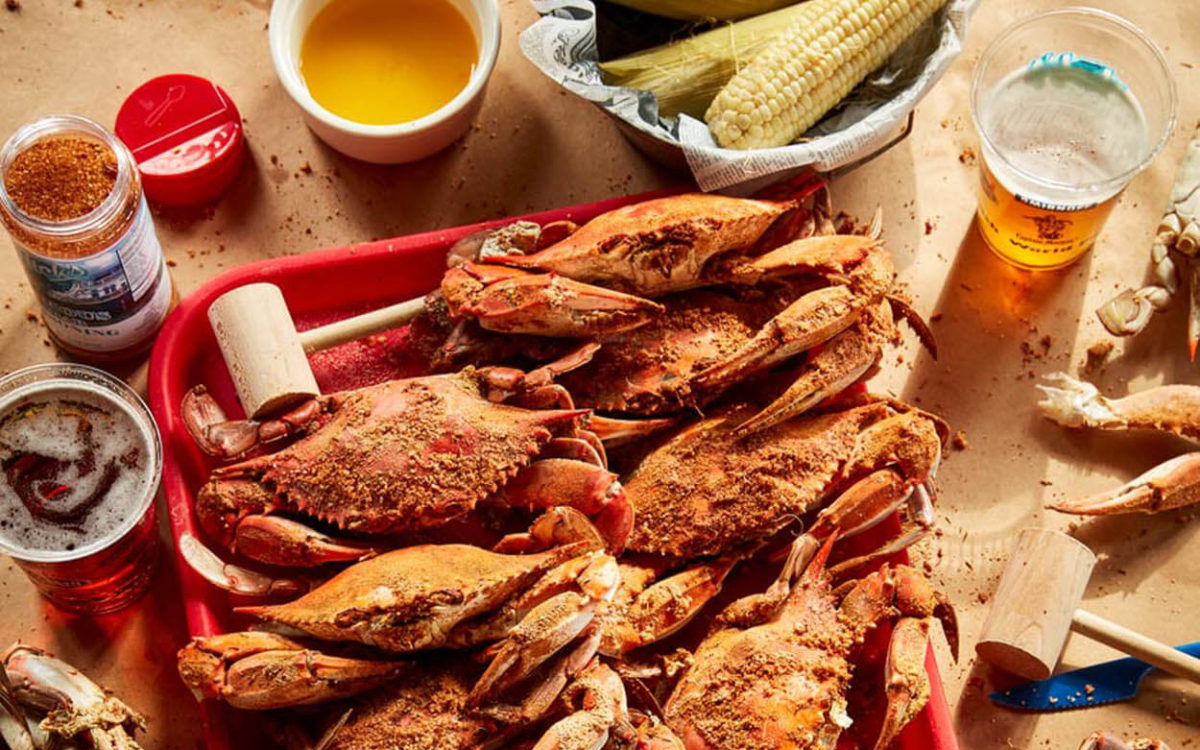 Blue crabs on a table in Baltimore at Nick's Fish House.
