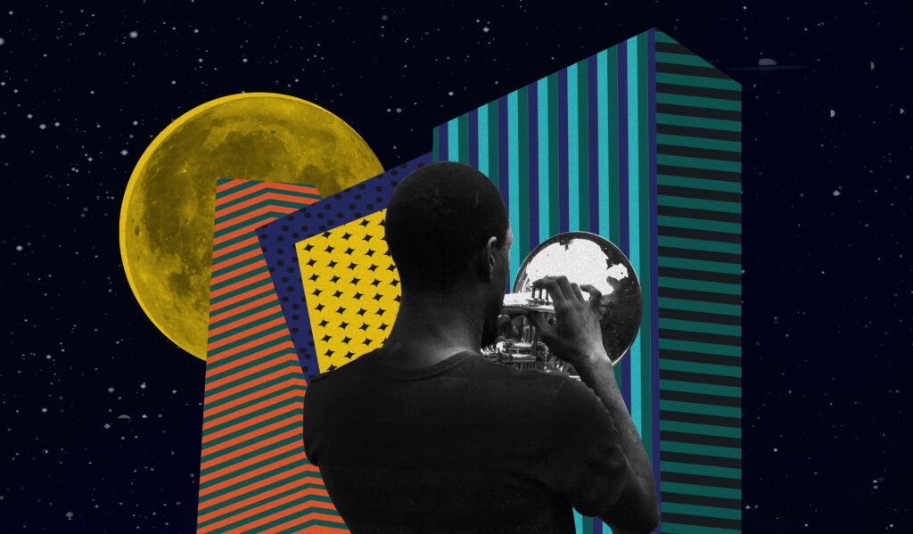 Trumpeter playing to a starry sky in front of a colorful building