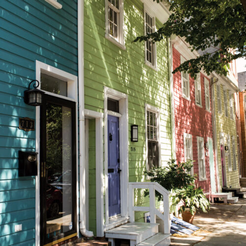 Brightly painted homes in historic Fells Point, Baltimore.