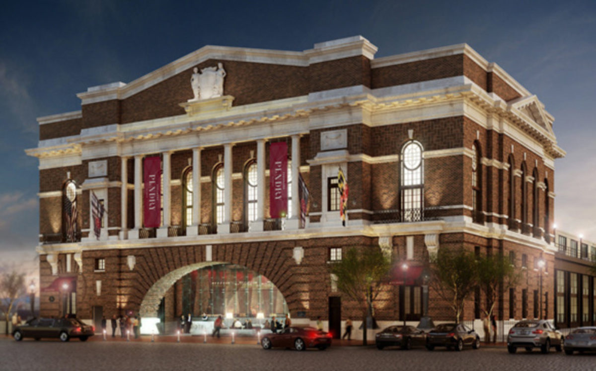 Exterior of the Pendry at night.