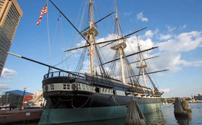 The USS Constellation sits at the Inner Harbor