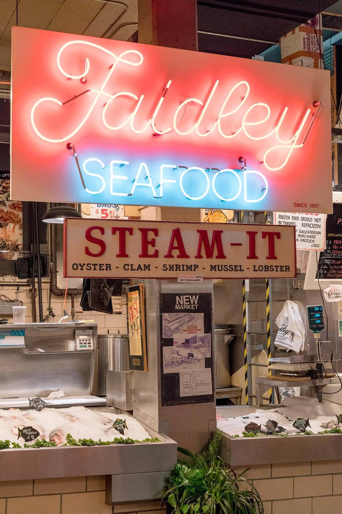 The counter of raw oysters at Faidleys in Baltimore.