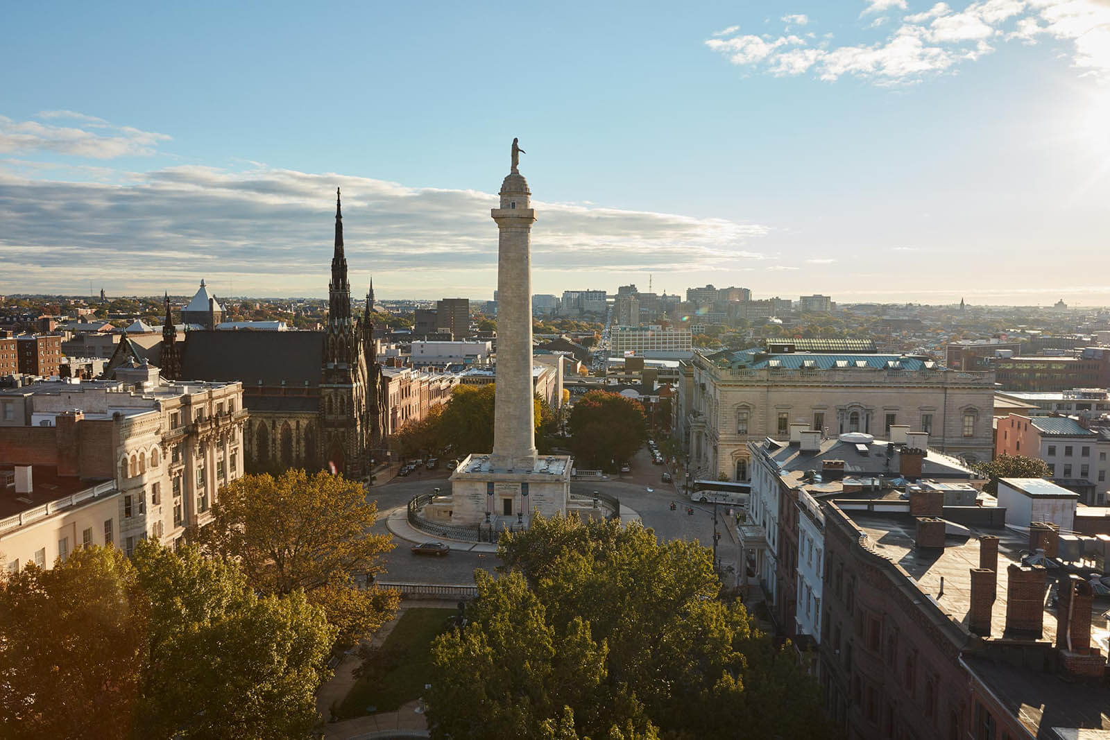 A view of The Washington Monument from The Revival Hotel in Baltimore.
